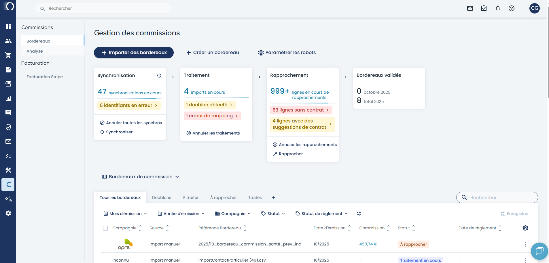 gestion des bordereaux de commission